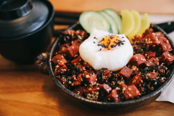 Steak Tuna Rice Egg Japanese Style Wooden Table — Stock Photo, Image