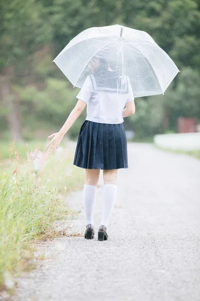Portrait Asian School Girl Walking Umbrella Nature Walkway Raining — Stock Photo, Image
