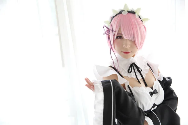 Portrait Japan Anime Cosplay Woman White Japanese Maid White Tone — Stok Foto