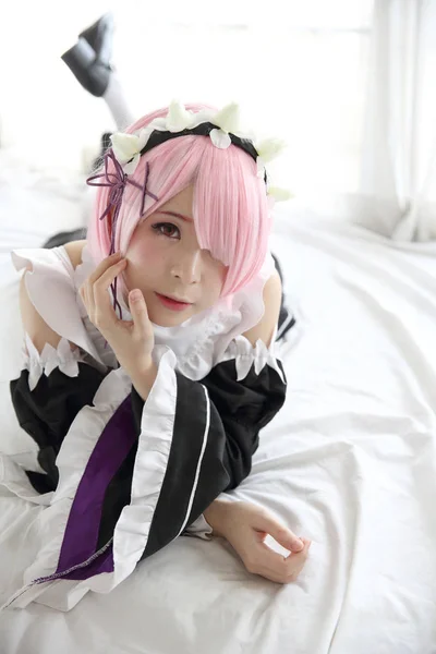 Portrait Japan Anime Cosplay Woman White Japanese Maid White Tone — Stok Foto