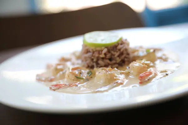 Grilled Prawns Shrimps Garlic Lemon Spices Rice — Stock Photo, Image