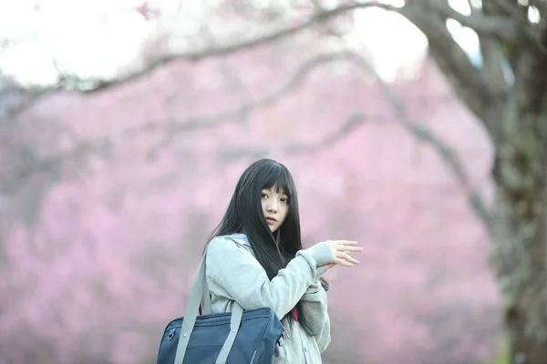 Japanse school meisjeskleding uitziende sakura bloem natuur loopbrug — Stockfoto