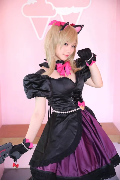 Japan Anime Cosplay Porträt Von Mädchen Cosplay Rosa Raum Hintergrund — Stockfoto