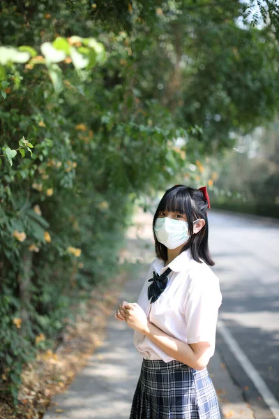 Asian School Girl Mask Urban City Tree Background — Stock Photo, Image