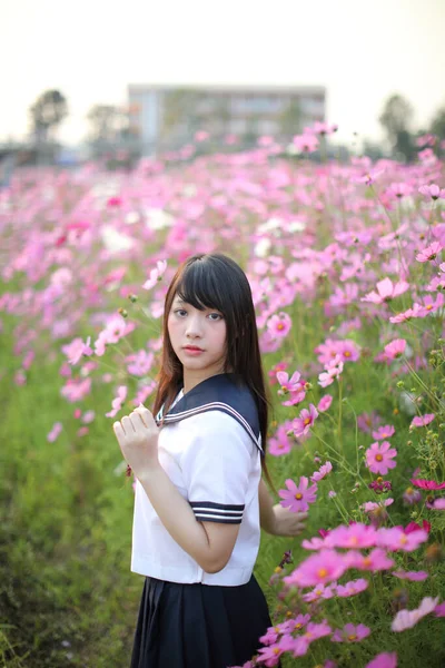 Portrait Japanese School Girl Uniform Pink Cosmos Flower — Stock Photo, Image