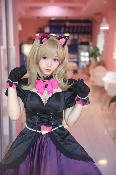 Japonia Anime Cosplay Portret Dziewczyny Cosplay Tle Różowy Pokój — Zdjęcie stockowe