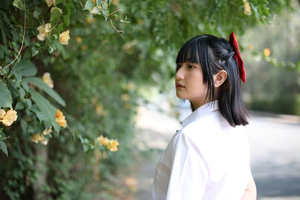 Asiatico Scuola Ragazza Piedi Guardando Urbano Città Con Albero Sfondo — Foto Stock