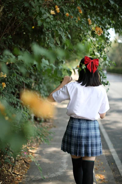 亚洲女学生在有树木背景的城市里散步和寻找 — 图库照片