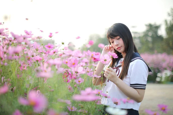 Retrato Uniforme Niña Escuela Japonesa Con Flor Cosmos Rosa —  Fotos de Stock