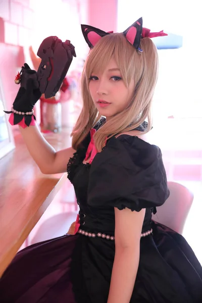 Japan Anime Cosplay Portrait Girl Cosplay Pink Room Background — Stock Photo, Image