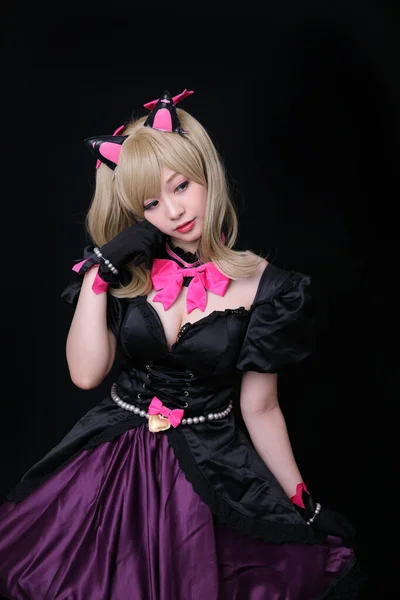 Porträt Von Japan Anime Cosplay Mädchen Isoliert Schwarzem Hintergrund — Stockfoto