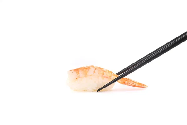Shrimp Sushi Chopsticks Japanese Food Isolated White Background — Stock Photo, Image