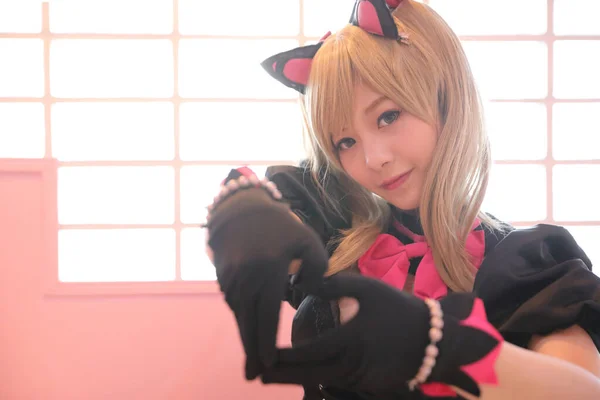 Japonská Anime Cosplay Portrét Dívky Cosplay Růžovém Pokoji Pozadí — Stock fotografie