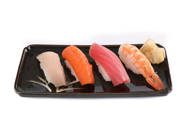 Sushi Set Japanisches Essen Sushi Lachs Thunfisch Garnelen Und Wolfsbarsch — Stockfoto