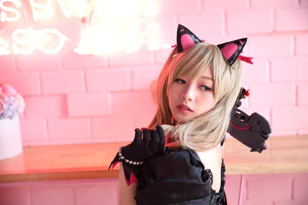 Japán Anime Cosplay Portré Lány Cosplay Rózsaszín Szoba Háttér — Stock Fotó