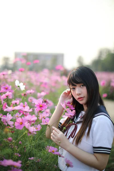 Retrato Uniforme Niña Escuela Japonesa Con Flor Cosmos Rosa — Foto de Stock