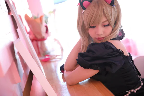 Japan Anime Cosplay Portret Van Meisje Cosplay Roze Kamer Achtergrond — Stockfoto