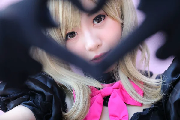 Japan Anime Cosplay Portrait Girl Cosplay Pink Room Background — Stock Photo, Image