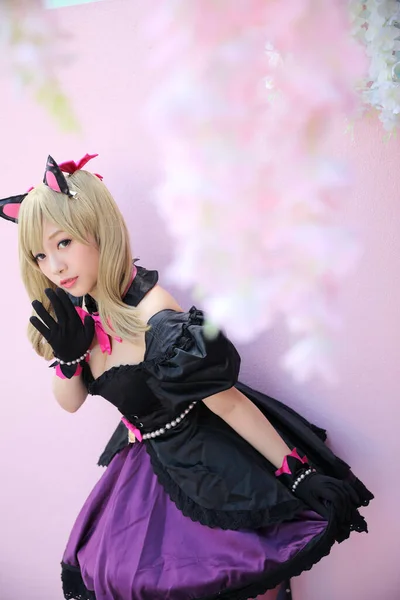 Japan Anime Cosplay Portret Van Meisje Cosplay Roze Kamer Achtergrond — Stockfoto