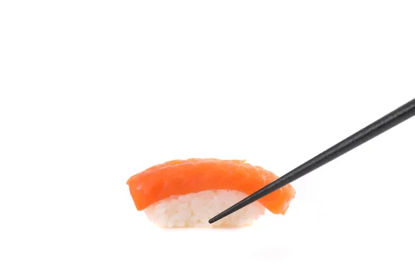 Sushi Salmón Con Palillos Comida Japonesa Aislada Fondo Blanco — Foto de Stock