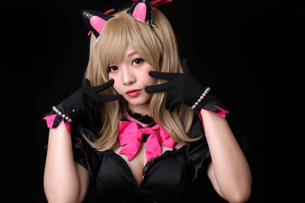 Porträtt Japan Anime Cosplay Flicka Isolerad Svart Bakgrund — Stockfoto