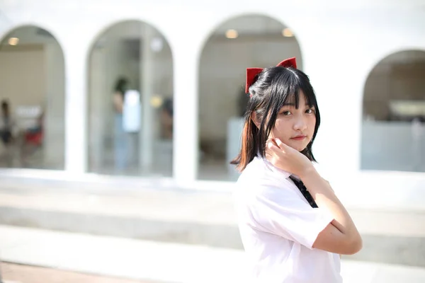 Asian School Girl Walking Looking Urban City — Stock Photo, Image