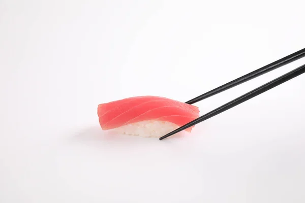 Tuna Sushi Chopsticks Japanese Food Isolated White Background — Stock Photo, Image