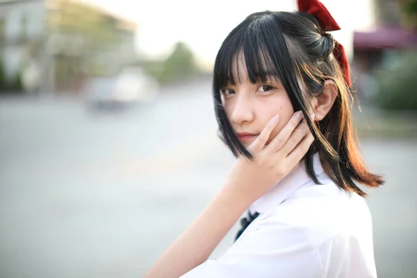 Asian School Girl Walking Looking Urban City — Stock Photo, Image