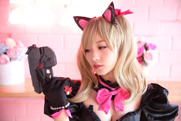Japan Anime Cosplay Portrait Girl Cosplay Pink Room Background — Stock Photo, Image