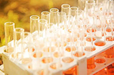 Laboratuvar bilim araştırma cam öğelerini damla birkaç test tüpleri birine ekleme. Bilimsel deneyde Bilim Araştırma Laboratuvarı.