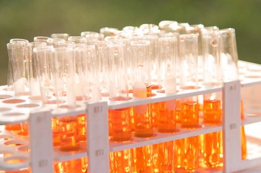 Laboratuvar bilim araştırma cam öğelerini damla birkaç test tüpleri birine ekleme. Bilimsel deneyde Bilim Araştırma Laboratuvarı.