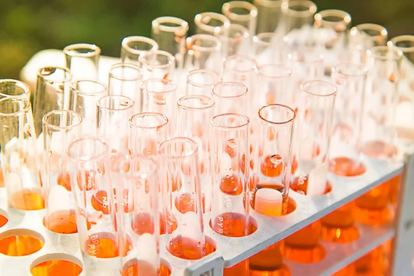 Laboratuvar bilim araştırma cam öğelerini damla birkaç test tüpleri birine ekleme. Bilimsel deneyde Bilim Araştırma Laboratuvarı.