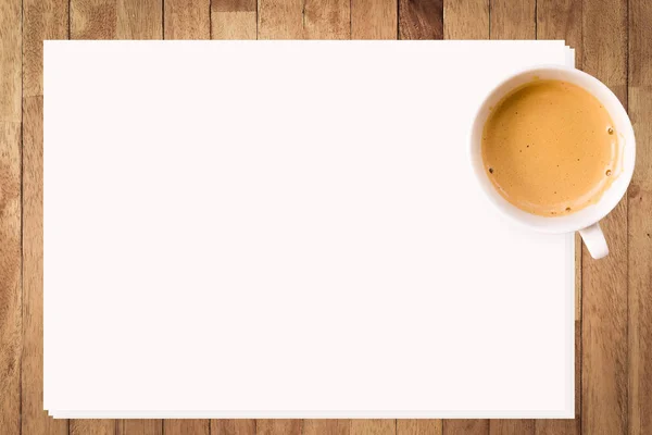 Caffè Carta Bianca Sfondo Legno — Foto Stock