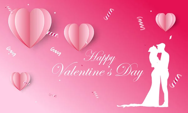 Бумажные Летающие Элементы Розовом Фоне День Святого Валентина Шаблон Плаката — стоковый вектор