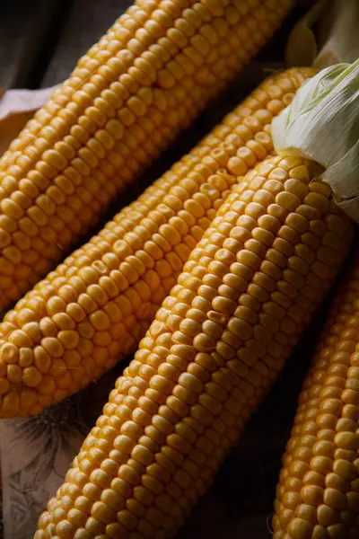 Dört sarı mısır koçanı yaklaş.