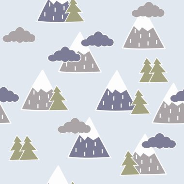 Ağaçlar, bulutlar ve dağlar ile el çizilmiş dikişsiz desen. Yaratıcı İskandinav ormanlık arka plan. Çocuklar için şık bir skeç. Tekstil, blog dekorasyon, afiş, afiş, ambalaj kağıdı.