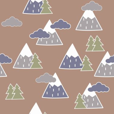 Ağaçlar, bulutlar ve dağlar ile el çizilmiş dikişsiz desen. Yaratıcı İskandinav ormanlık arka plan. Çocuklar için şık bir skeç. Tekstil, blog dekorasyon, afiş, afiş, ambalaj kağıdı.