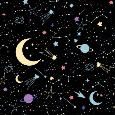 Gece gökyüzü arka planındaki yıldızlar, uzay deseni. Uzay Gökadası takımyıldızı dikişsiz desen 