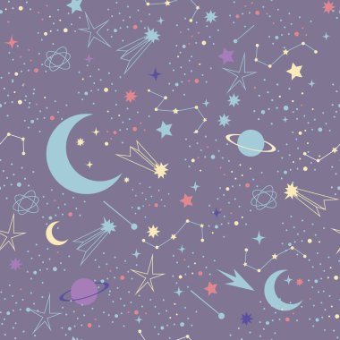 Gece gökyüzü arka planındaki yıldızlar, uzay deseni. Uzay Gökadası takımyıldızı dikişsiz desen 