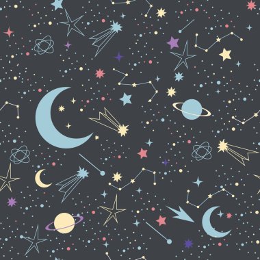 Gece gökyüzü arka planındaki yıldızlar, uzay deseni. Uzay Gökadası takımyıldızı dikişsiz desen 