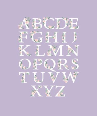 Gül çiçekli ve yapraklı suluboya alfabe. Romantik çiçek yazı tipi. Yapraklardan yapılmış yazı tipi, çiçek alfabesi harfleri.