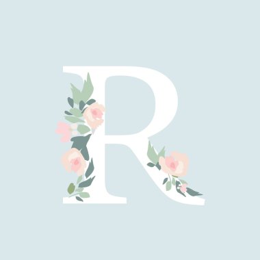 Çiçek alfabesi. Çiçek buketi kompozisyonu ile R harfi. Düğün için eşsiz bir koleksiyon dekorasyon ve diğer birçok konsept fikri davet eder..