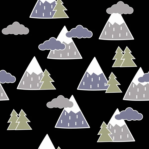 Modello Senza Cuciture Disegnato Mano Con Alberi Nuvole Montagne Creativo — Foto Stock