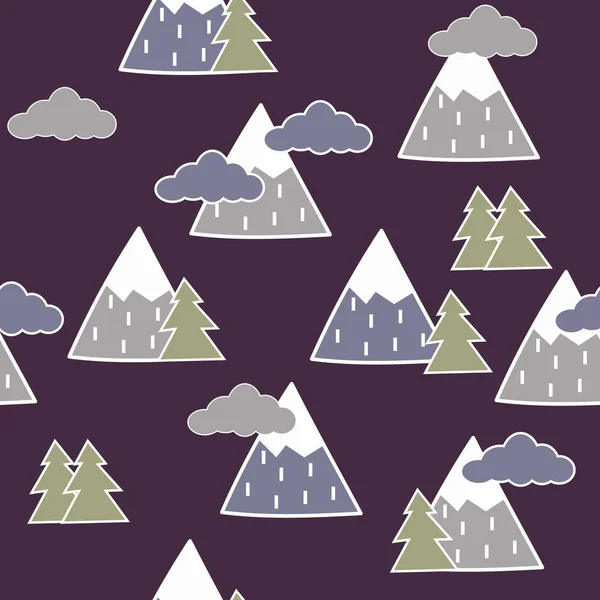 Hand drawn seamless pattern with trees, clouds and mountains. Creative scandinavian woodland background. Stylish sketch for kids.Textile, blog decoration, banner, poster, wrapping paper.