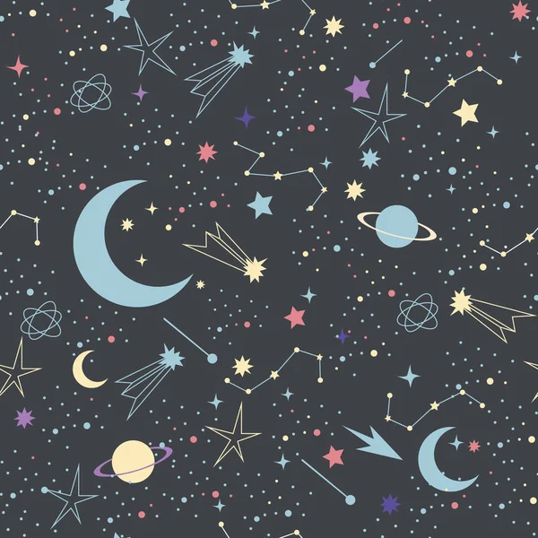 Gece gökyüzü arka planındaki yıldızlar, uzay deseni. Uzay Gökadası takımyıldızı dikişsiz desen 