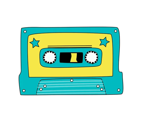 illustration.  retro audio cassette. Analog media for recording and listening stereo. Old-fashioned tape cassette. Sticker with contour. Isolated on white background
