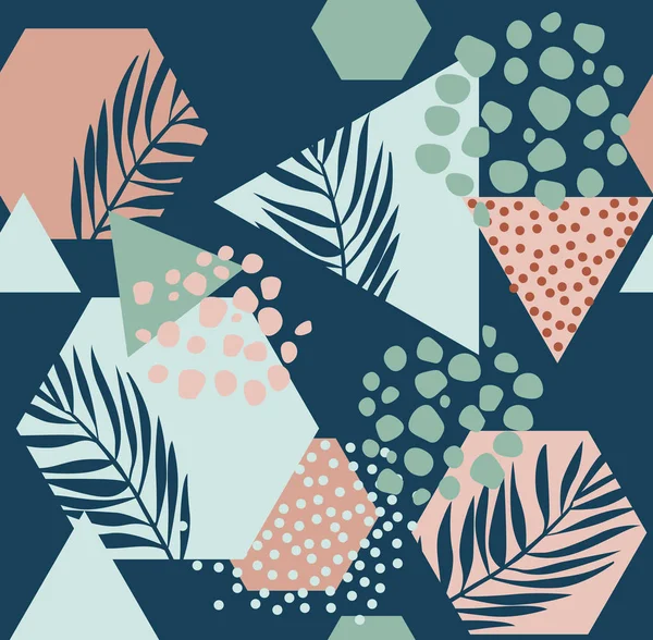 İskandinav tarzında soyut çizim. Tropikal yaprakları, grunge, ebru dokuları, doodle, minimal elemanları ile Modern illüstrasyon. Elle çizilmiş şekillerle yaratıcı dikişsiz desen 