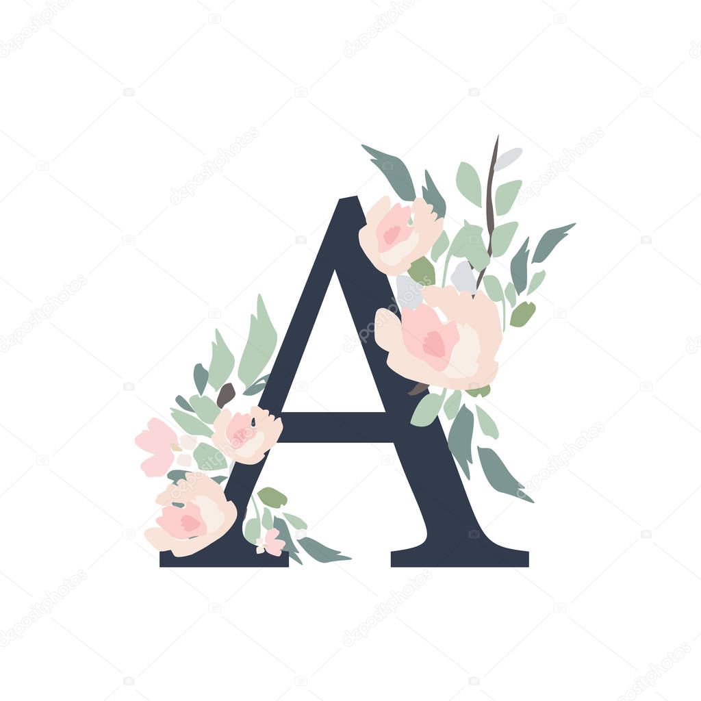Floral Alphabet - letter A with flowers bouquet composition. Unique collection for wedding invites decoration and many other concept ideas.