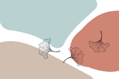 Organik şekilli modern soyut sanat tasarımı. Elle çizilmiş botanik elementlerle çağdaş kolaj tarzı tasarımı ve modaya uygun sıcak renk paletinde soyut şekiller. 