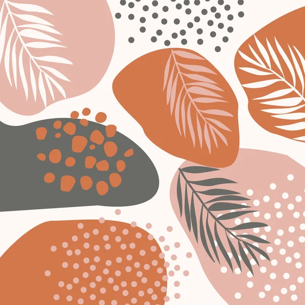 Modern abstract art design with organic shapes. Contemporary collage style design with hand drawn botanical elements and abstract shapes in trendy warm color palette.